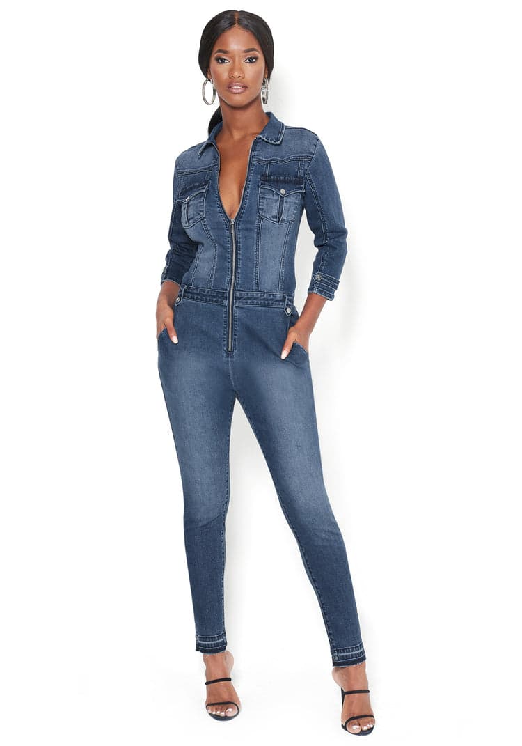Bebe Front Ruched Cut Out Wide Leg Lightweight Denim Jumpsuit In Medium  Blue Wash | ModeSens